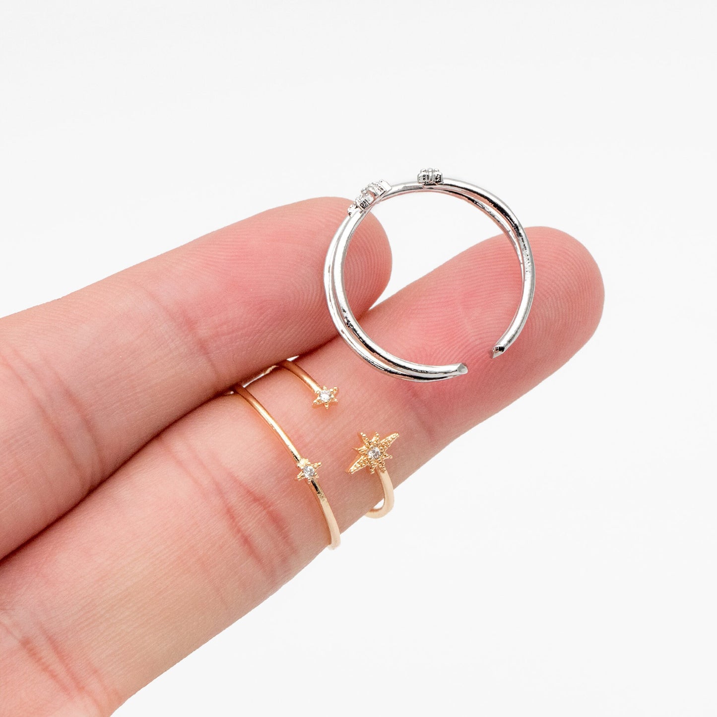 4pcs CZ Pave North Star Ring: 18K Gold Plated Double Band, Adjustable (JZ-017-B)