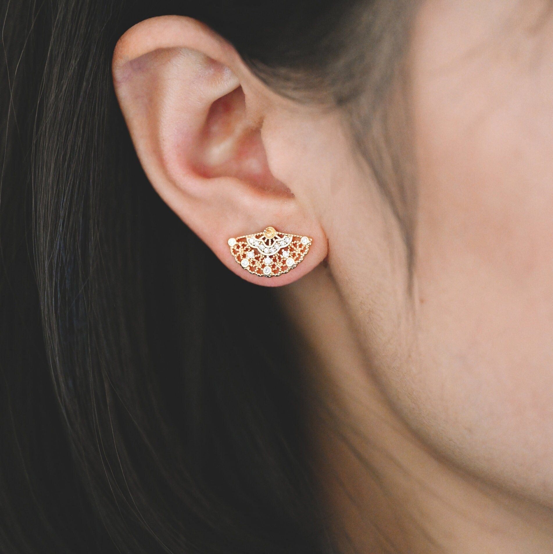 10pcs CZ Pave Fan Shape Earring Stud, Fan Stud Earring with Pearl Peg (#GB-1587)