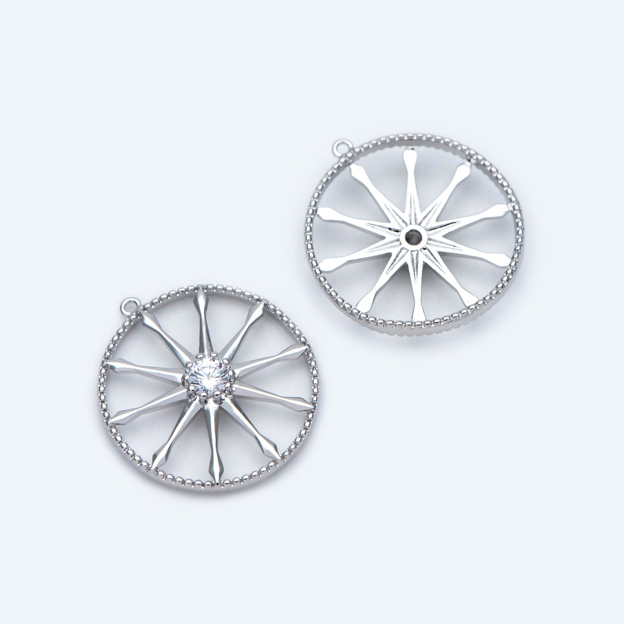 10pcs Gold / Rhodium plated Brass Round Wheel Charm 17mm, CZ pave Wheel Pendant (GB-1591)