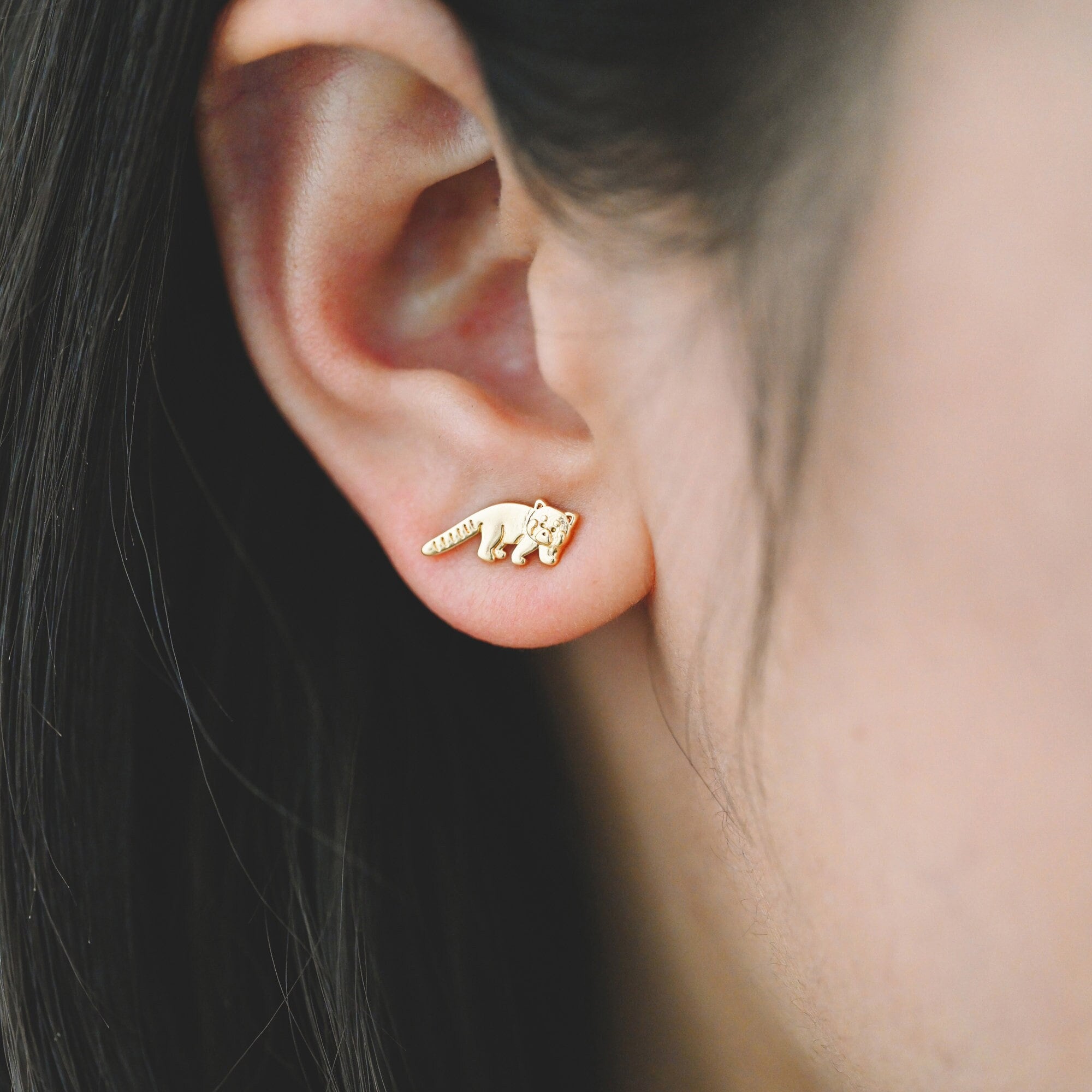 10pcs Gold Raccoon Earrings, Gold Plated Brass, Cute Animal Stud Earrings (GB-4111)