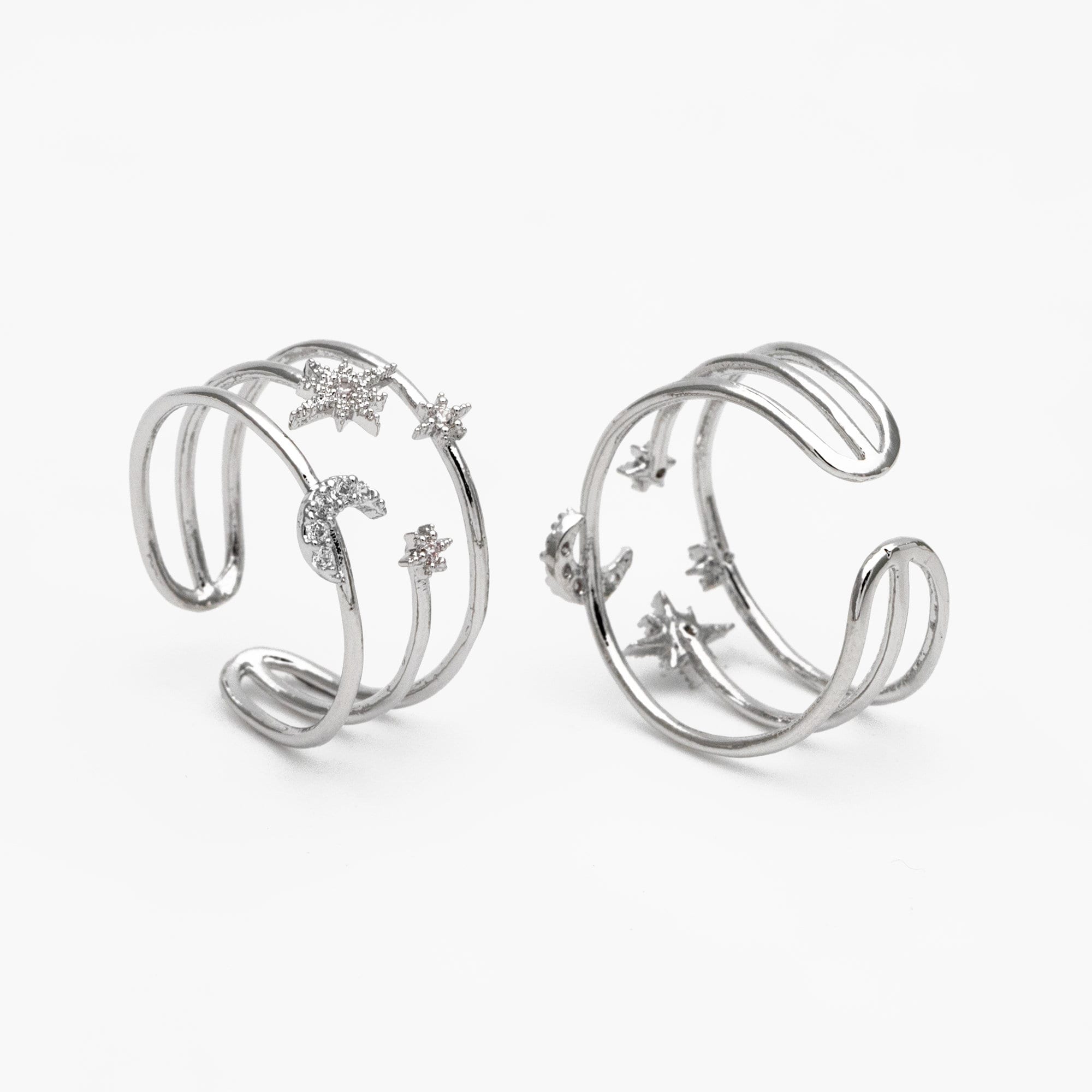 4pcs CZ Pave Triple Band Moon and Star Ring, Celestial Ring, Modern Style Ring, Fashion Rings, Dainty Rings, Adjustable Ring (#JZ-017-D)