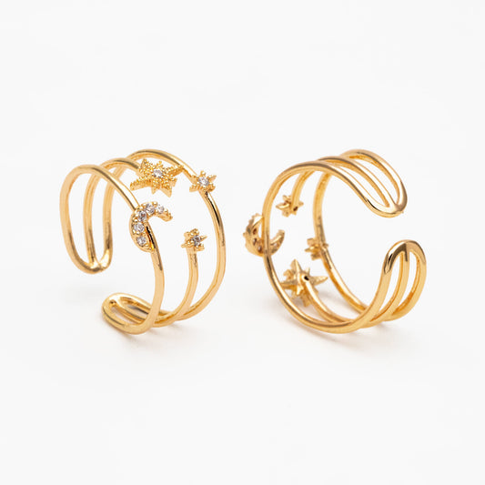 4pcs CZ Pave Triple Band Moon and Star Ring, Celestial Ring, Modern Style Ring, Fashion Rings, Dainty Rings, Adjustable Ring (#JZ-017-D)