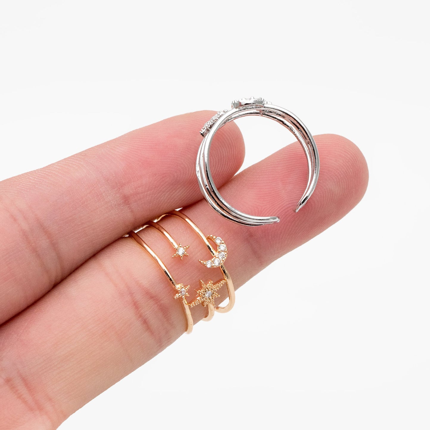 4pcs CZ Pave Triple Band Moon and Star Ring, Celestial Ring, Modern Style Ring, Fashion Rings, Dainty Rings, Adjustable Ring (#JZ-017-D)
