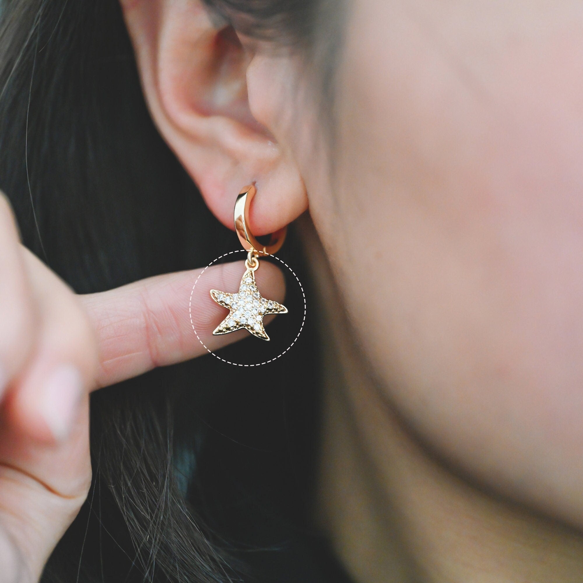 4pcs CZ Pave Gold Starfish Charms 15mm, Real 18K Gold plated Brass Star Pendants (GB-722-B)