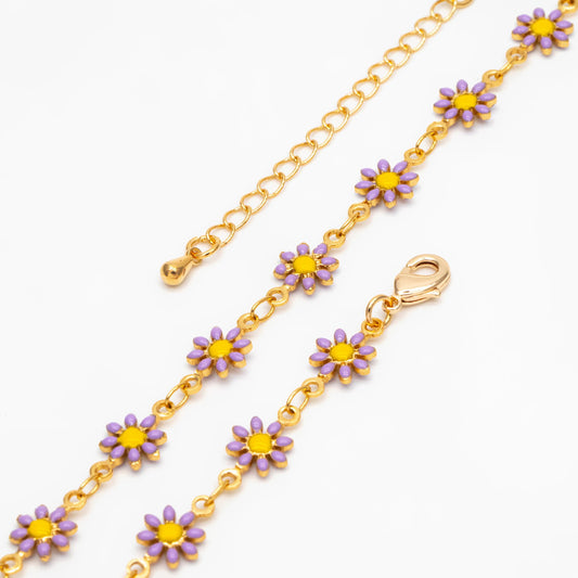 Gold Enamel Flower Chain, Purple Daisy Chain, Finished Bracelet/ Anklet/ Necklace with Extender Chain, Ready to Wear (#LK-578-3)