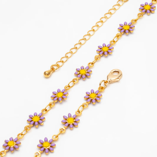 Gold Enamel Flower Chain, Purple Daisy Chain, Finished Bracelet/ Anklet/ Necklace with Extender Chain, Ready to Wear (#LK-578-3)