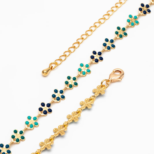 Gold plated Enamel Flower Chain, Finished Bracelet/ Anklet/ Necklace with Extender Chain, 16-18 inch Adjustable, Ready to Wear (#LK-581-E)