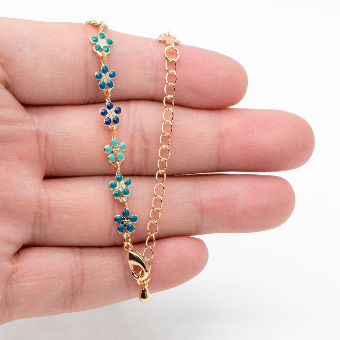 Gold plated Enamel Flower Chain, Finished Bracelet/ Anklet/ Necklace with Extender Chain, 16-18 inch Adjustable, Ready to Wear (#LK-581-E)