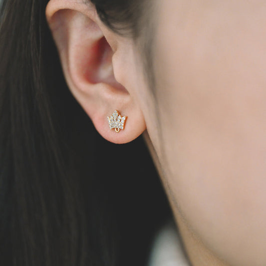 4pcs CZ Pave Crown Ear Posts 8mm with Loops, Real Gold Plated Brass Stud Earrings (#GB-733)