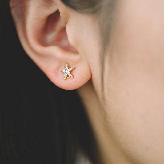 10pcs CZ Pave Starfish Earring with Loop, Real Gold Plated Brass Star Stud Earrings (#GB-1633)