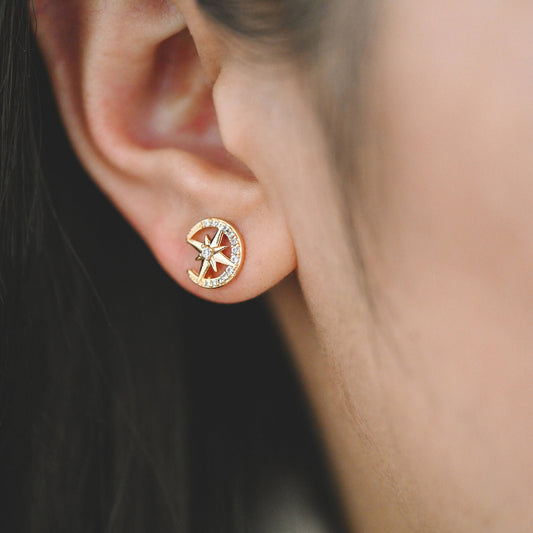 4pcs CZ Pave Moon and North Star Earring with Loop, 10mm, Real Gold Plated Brass Stud Earrings (#GB-311-J)
