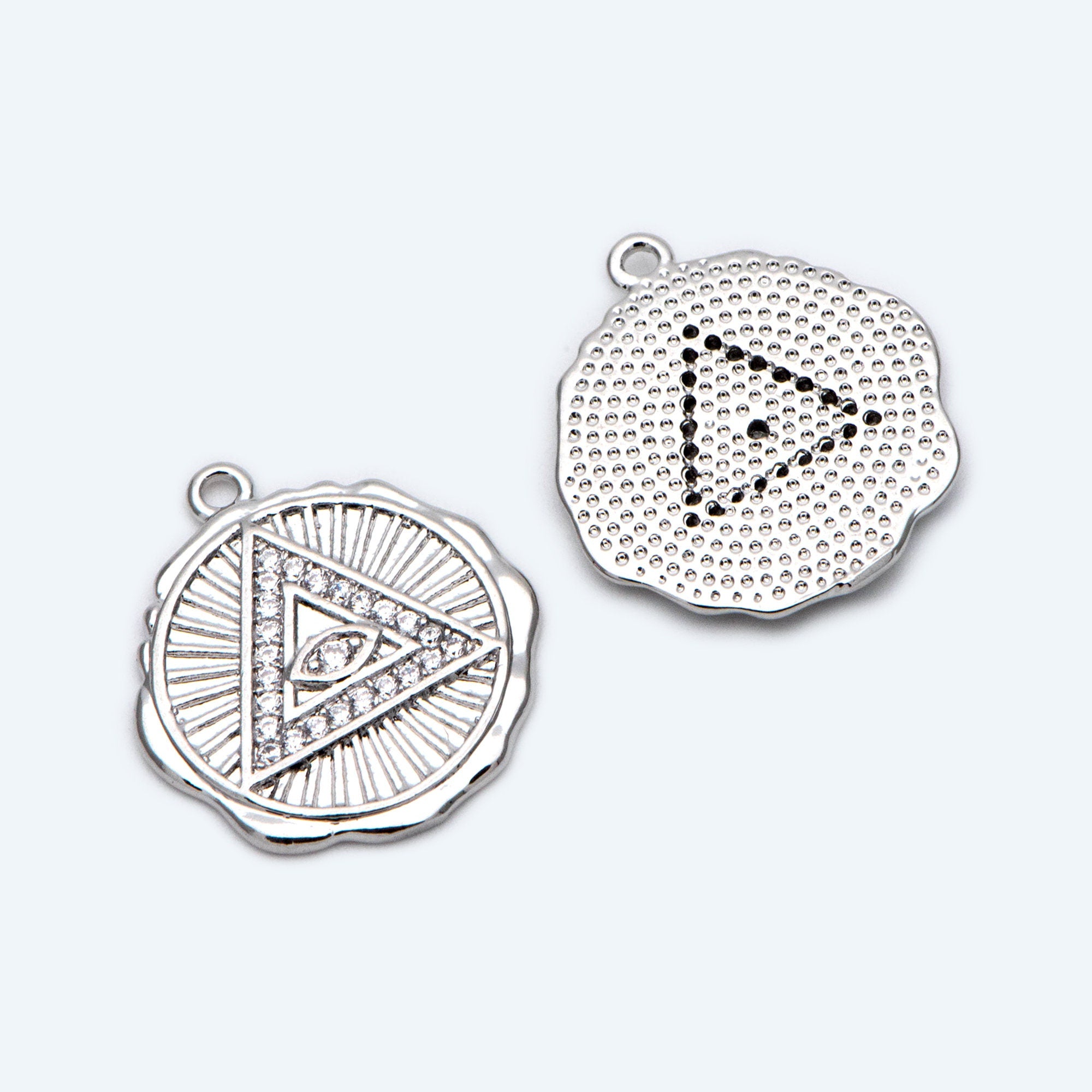 4pcs CZ Pave Gold/ Silver Tone Triangle Evil eye Charm 17mm, Real Gold plated Brass, Round Coin Disk Pendants (GB-4085-G)