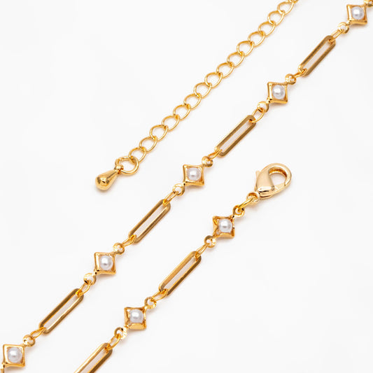 Gold Faux Pearl Chain, Finished Bracelet/ Anklet/ Necklace with Extender, Real 18K Gold Plated, Ready to Wear (#LK-510)