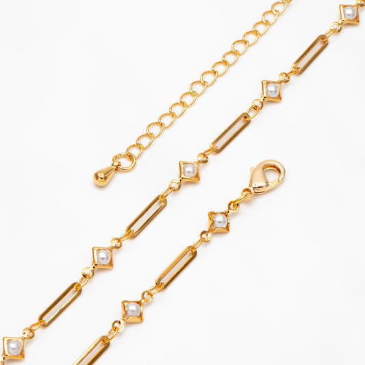 Gold Faux Pearl Chain, Finished Bracelet/ Anklet/ Necklace with Extender, Real 18K Gold Plated, Ready to Wear (#LK-510)