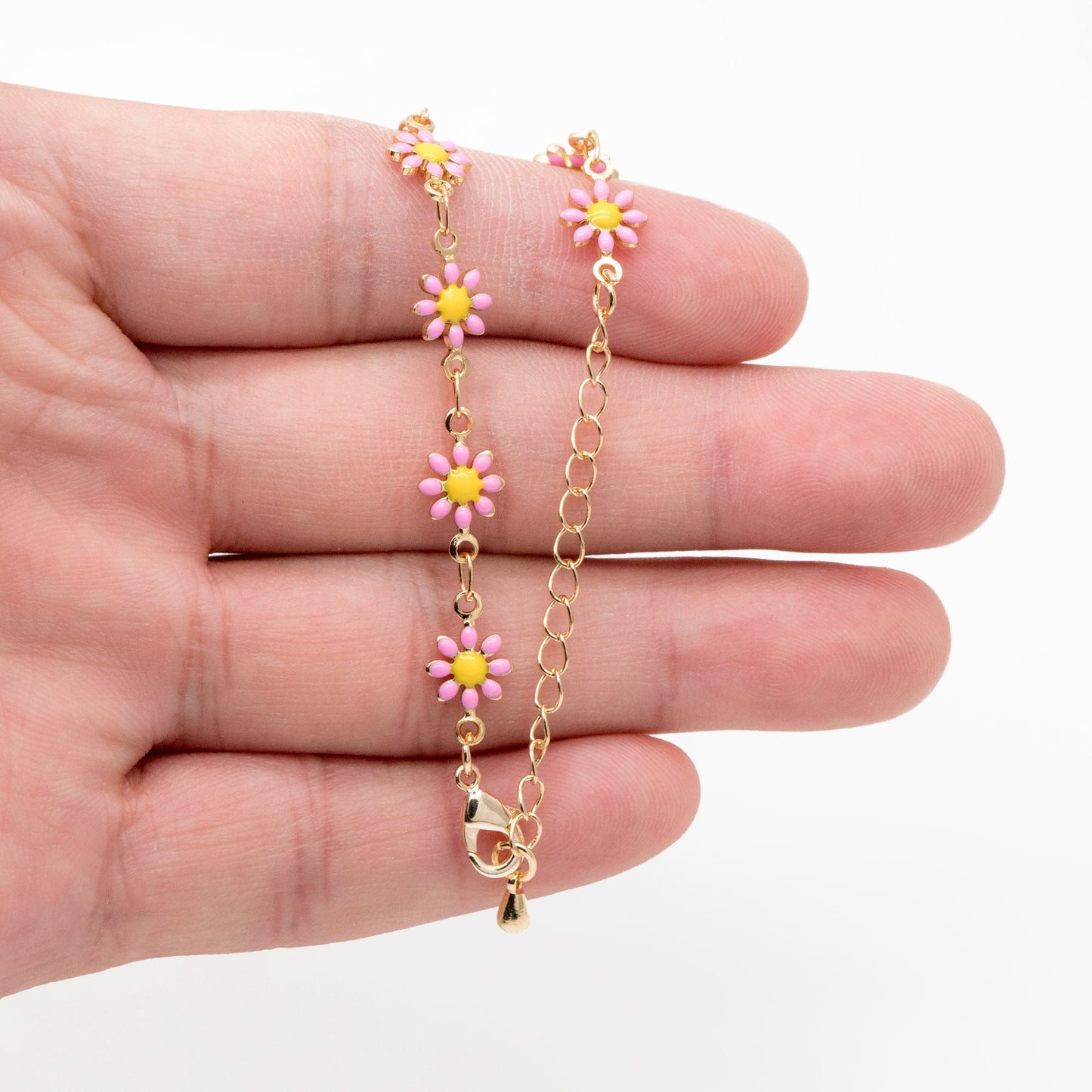 Gold Enamel Flower Chain, Pink Daisy Chain, Finished Bracelet/ Anklet/ Necklace with Extender Chain, Ready to Wear (#LK-578-B)