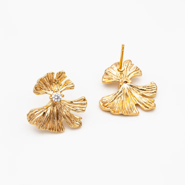 4pcs CZ Pave Gold Ginkgo Leaf Earrings 16mm, Gold Plated Brass Leaf Stud Earrings (GB-4225)