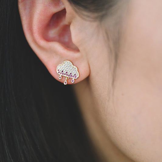 4pcs Rain Cloud Stud Earrings, CZ Pave Gold plated Brass Ear Posts 13mm (#GB-1129)