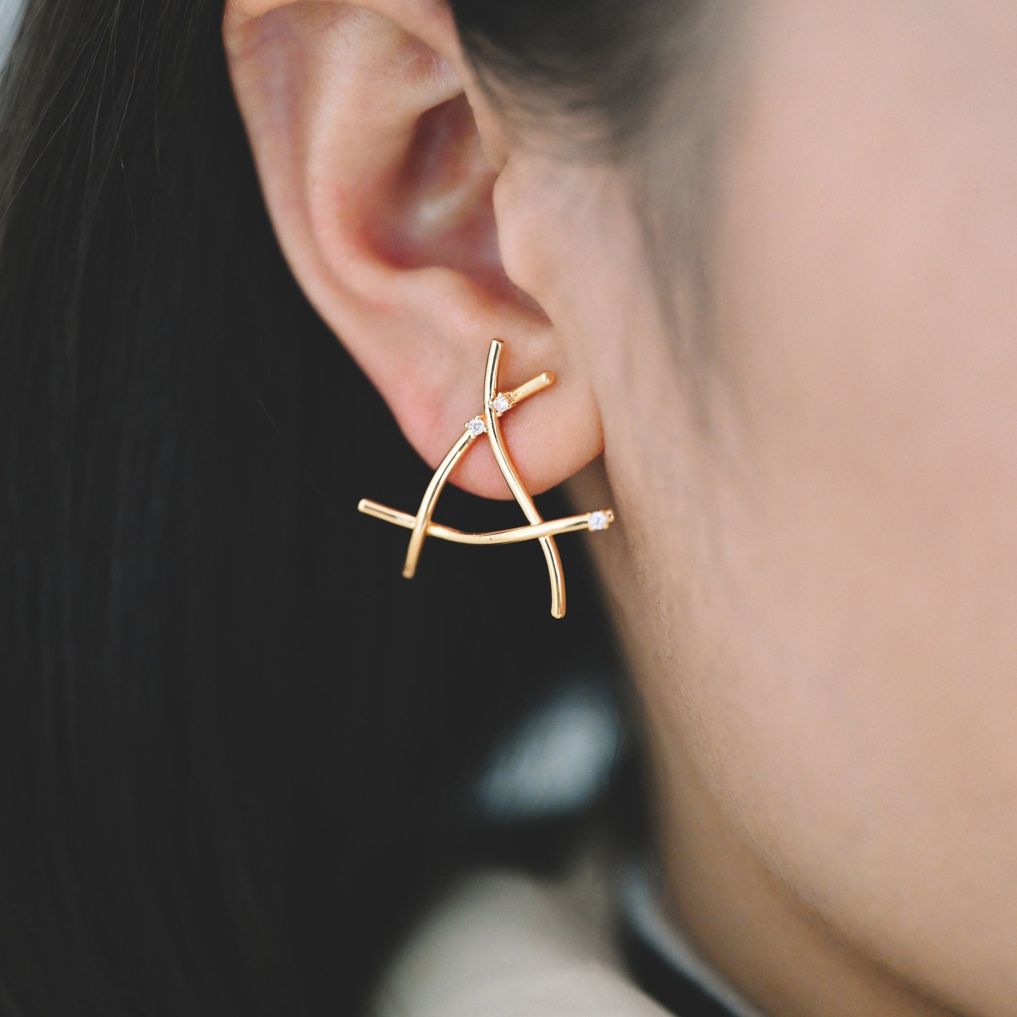 4pcs CZ Mirco Pave Geometry Earring, 25x26mm, Gold plated Brass Triangle Ear Stud Posts (GB-1229)