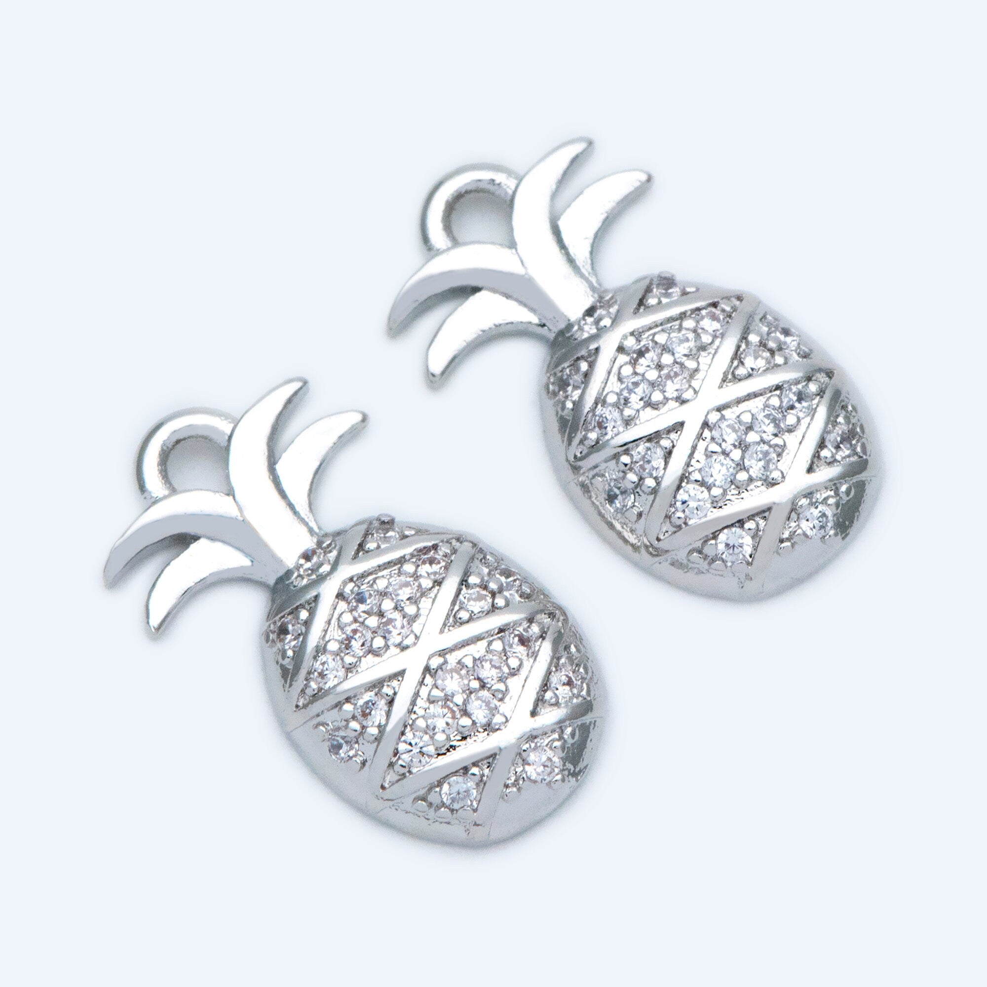 4pcs CZ pave Gold/ Silver Pineapple Charms 16x8mm, 18K Gold/ Rhodium plated Brass Pineapple Pendants (GB-4095-C)