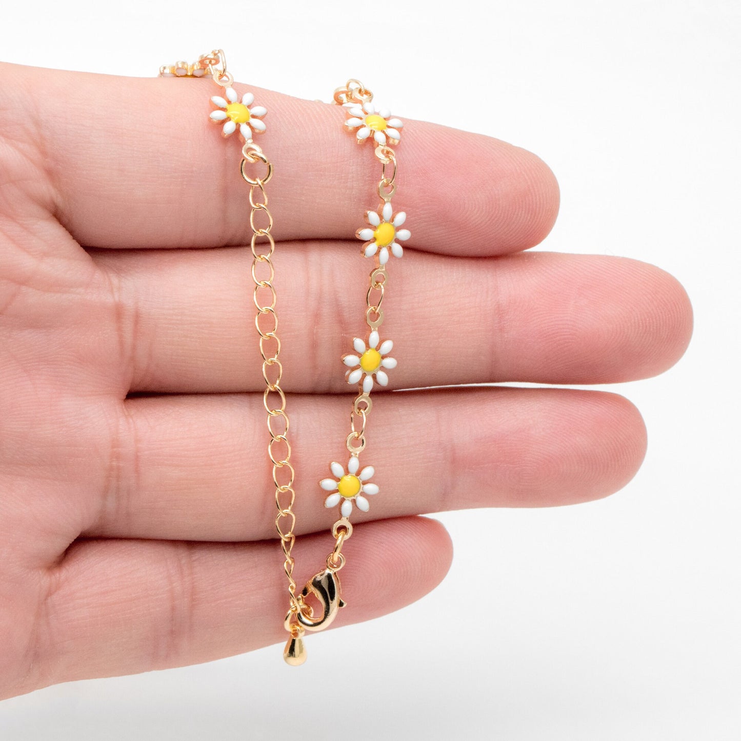 Gold Enamel Flower Chain, White Daisy Chain, Finished Bracelet/ Anklet/ Necklace with Extender Chain, Ready to Wear (#LK-578-1)