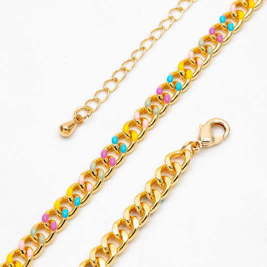 Gold plated Brass Curb Chains, Finished Enamel Bracelet/ Anklet/ Necklace with Extender Chain, Ready to Wear (#LK-594)