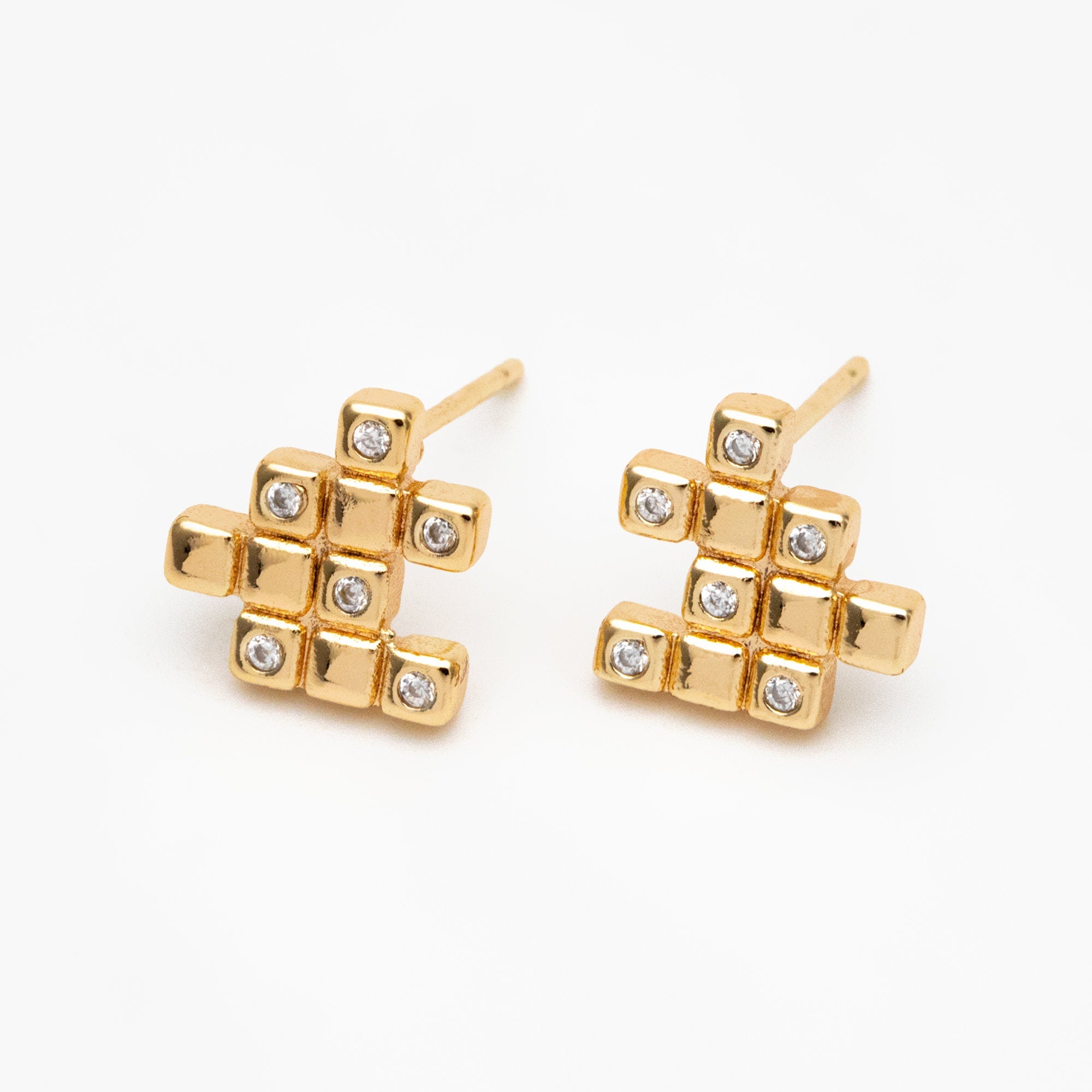 4pcs CZ Pave Gold Puzzle Earrings 10x10mm, Real Gold Plated Brass, Jigsaw Earring Studs (#GB-4238)