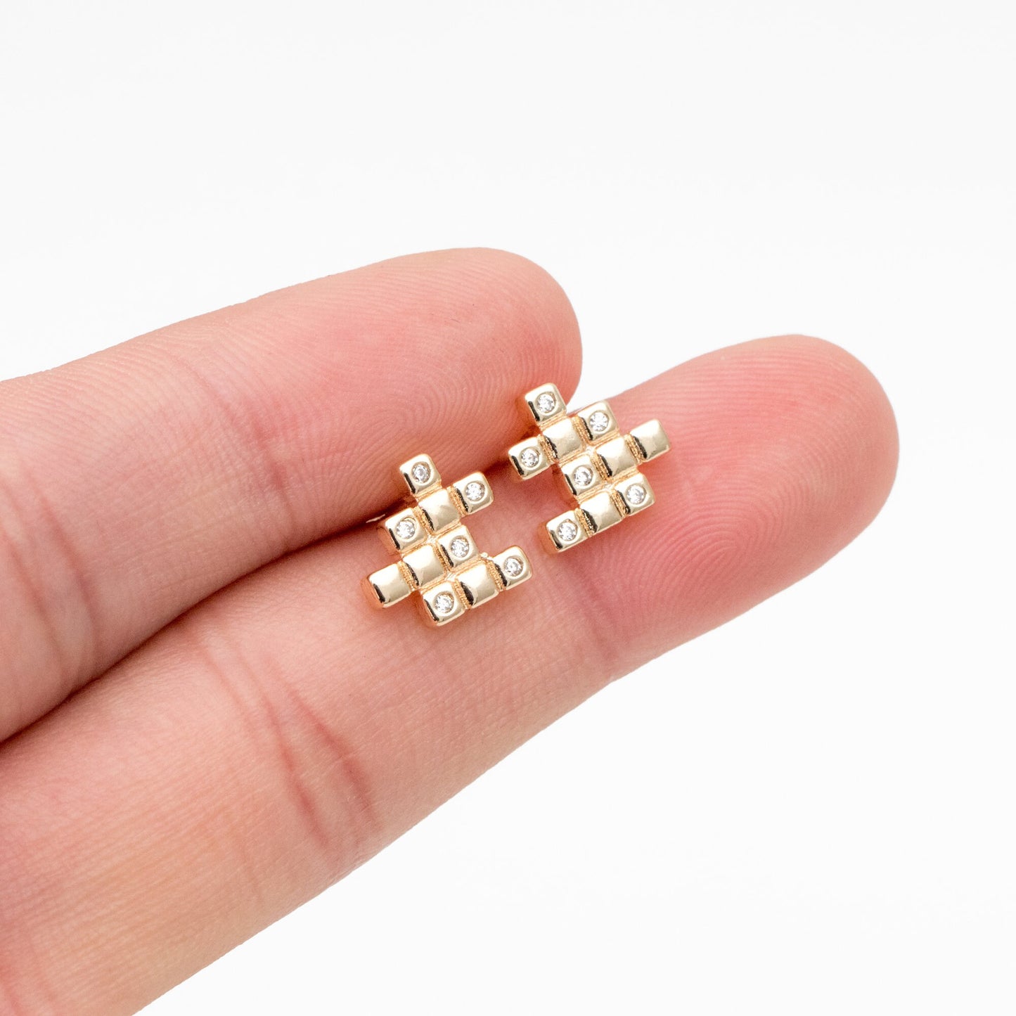 4pcs CZ Pave Gold Puzzle Earrings 10x10mm, Real Gold Plated Brass, Jigsaw Earring Studs (#GB-4238)