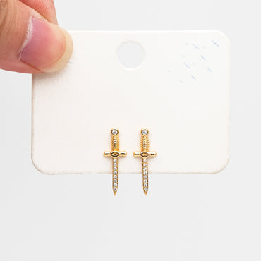 4pcs CZ Pave Gold Sword Earrings 19x7mm, Gold Plated Brass Dagger Stud Earring (#GB-4090)