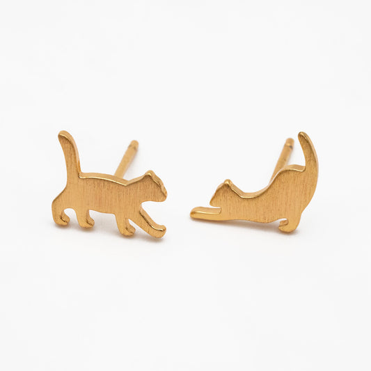 10pcs Gold/ Silver Cat Asymmetry Earrings, Gold/ Rhodium Plated Brass Minimalist Stud Earrings (GB-4094-A)