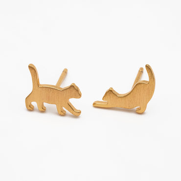 10pcs Gold/ Silver Cat Asymmetry Earrings, Gold/ Rhodium Plated Brass Minimalist Stud Earrings (GB-4094-A)