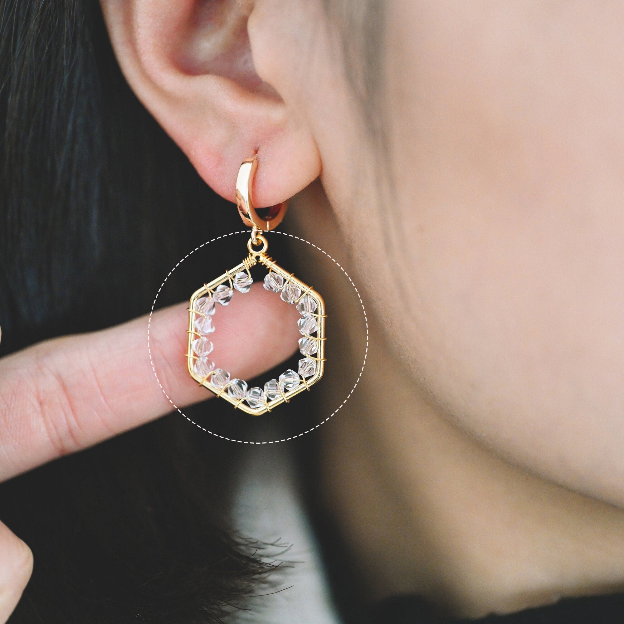 10pcs Gold Beaded Hexagonal Charms , Wired Crystal Beads Geometric Pendants, Dangle Earring Components (GB-684)