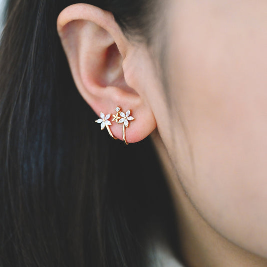 4pcs Flower Ear Cuff Studs, 18K Gold plated Brass, CZ pave Ear Climbers, Floral Ear Crawlers, Wrap Statement Earrings (#GB-773)