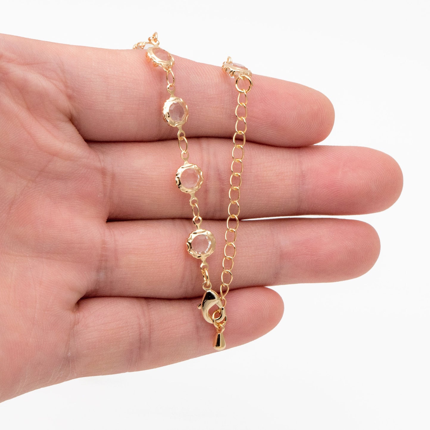 Adjustable Bracelet/ Anklet/ Necklace with Extender, 18K Gold plated Brass, Crystal Coin Bead Chain, Ready to Wear (#LK-183)