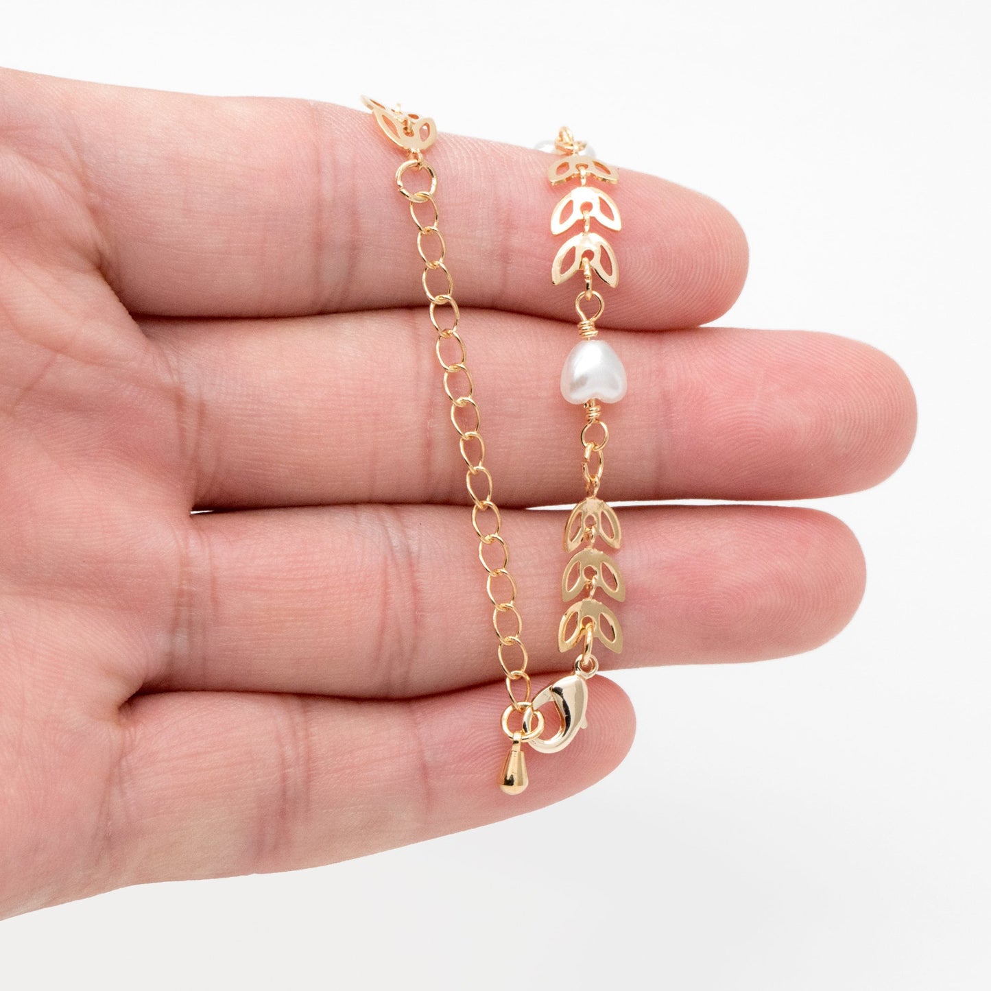 Gold Chevron Leaf Chain With Heart Faux Pearl, Finished Bracelet/ Anklet/ Necklace with Extender Chain, Ready to Wear (#LK-508)