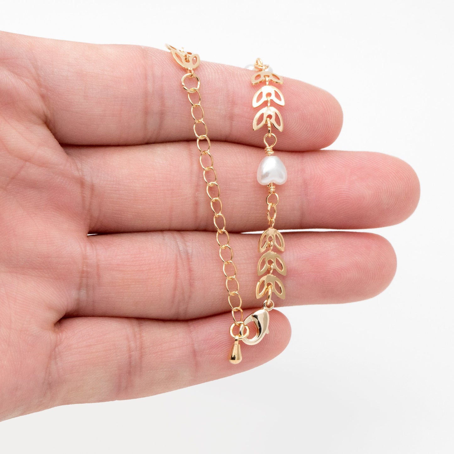 Gold Chevron Leaf Chain With Heart Faux Pearl, Finished Bracelet/ Anklet/ Necklace with Extender Chain, Ready to Wear (#LK-508)