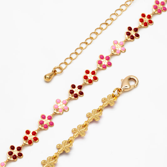Gold plated Enamel Flower Chain, Finished Bracelet/ Anklet/ Necklace with Extender Chain, Ready to Wear (#LK-581-D)
