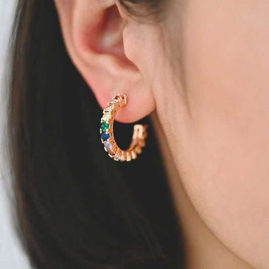 4pcs CZ Pave Hoop Stud Earrings 21mm, 18K Gold Plated Brass, Colorful Rainbow Post Earrings (GB-3646)