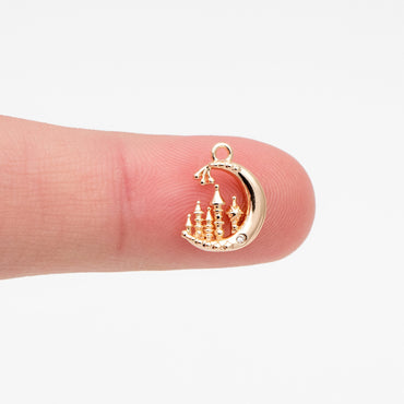 4pcs CZ Pave Gold Moon Castle Charm, 18K Gold plated Brass, Celestial Pendants (#GB-2433-A)