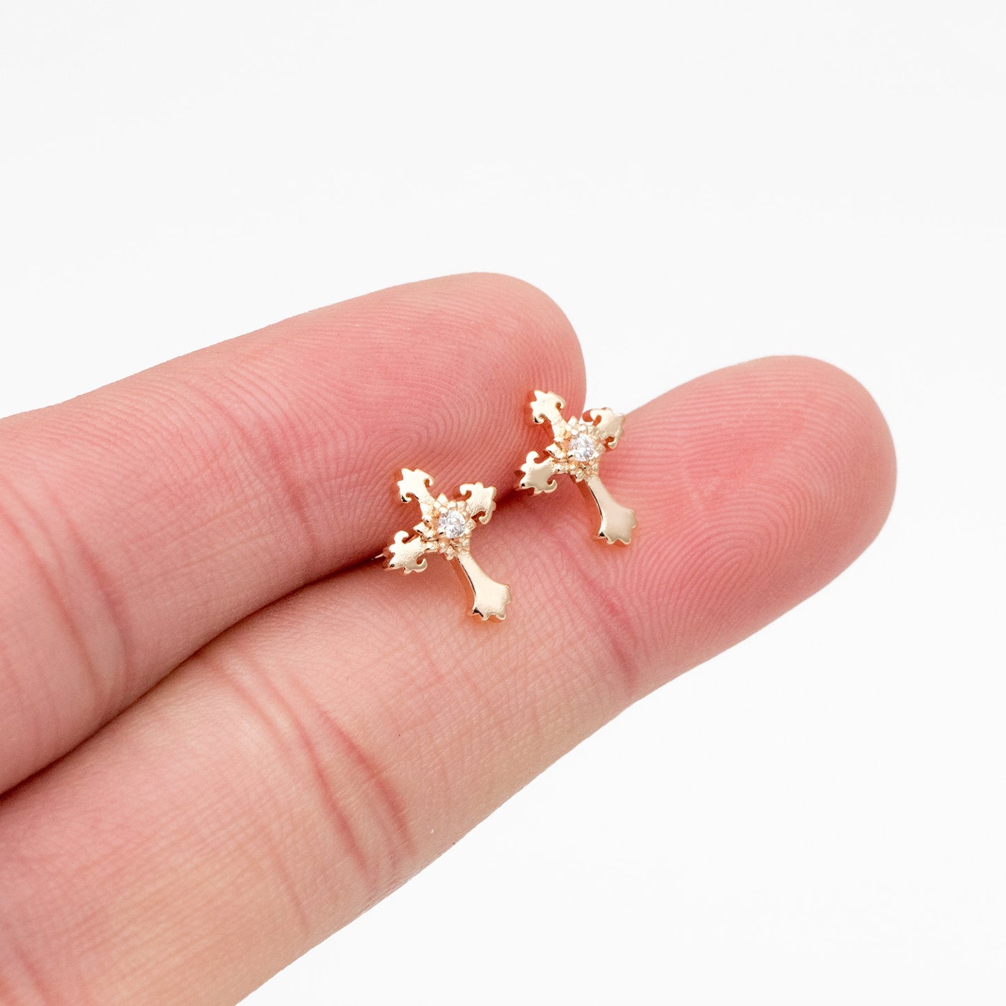 10pcs CZ Pave Gold Cross Earrings 11x9mm, Gold Plated Brass Small Cross Stud Earring (#GB-4232)
