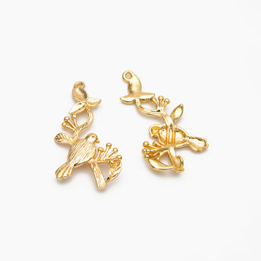 10pcs Bird on Tree connector, Birds Branch with Two Loops, Real Gold plated Brass, Lead Nickel Free (GB-060)