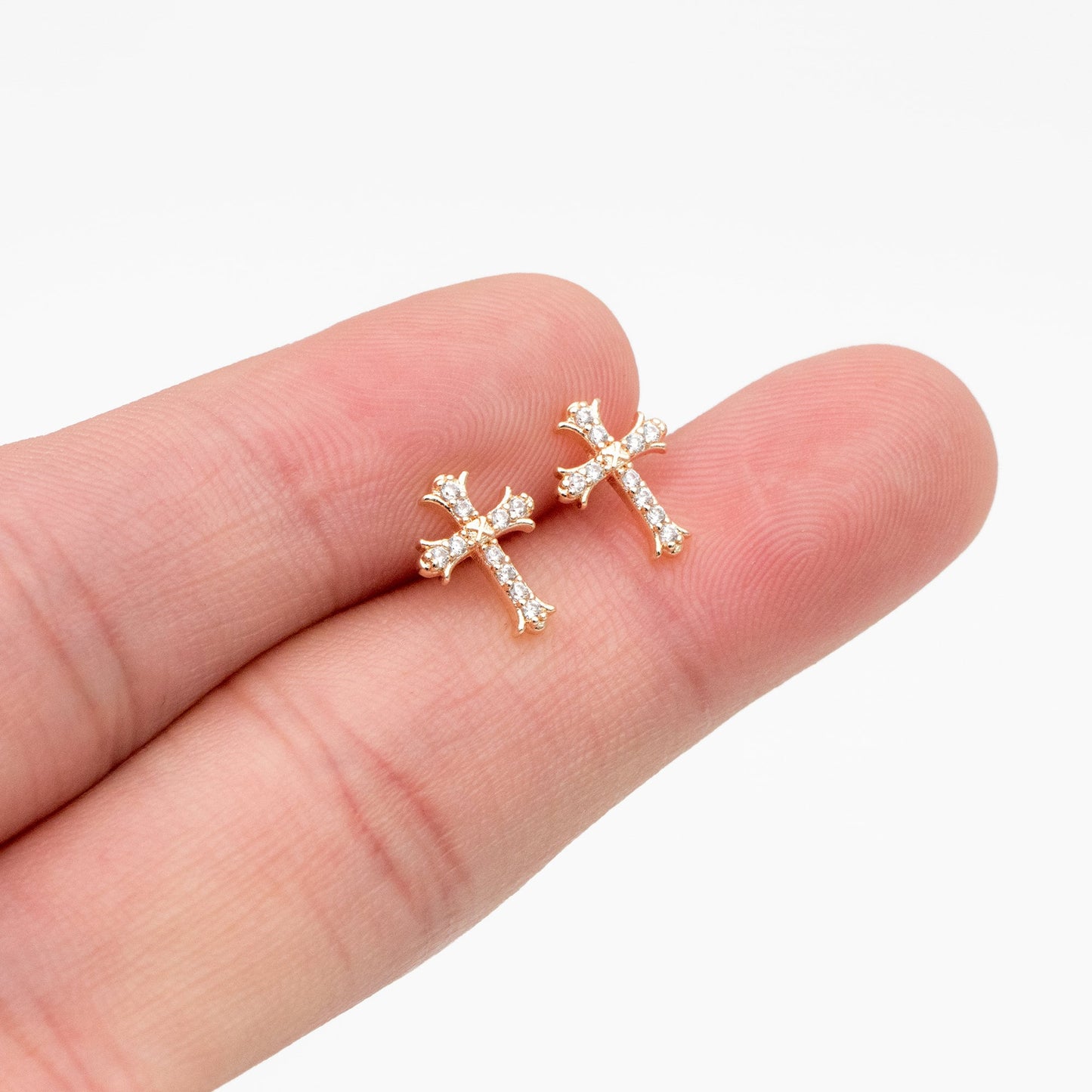 4pcs CZ Pave Gold Cross Earrings 10x8mm, Gold Plated Brass Small Cross Stud Earring (#GB-3637-D)