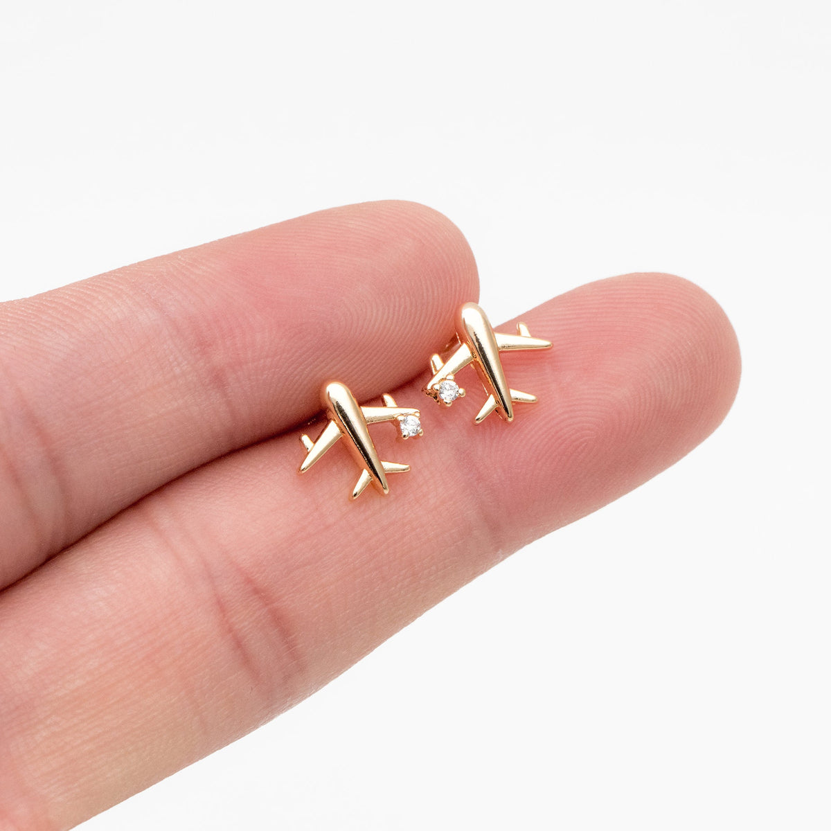 10pcs CZ Pave Gold Airplane Stud Earrings, Gold plated Brass Dainty Plane Earrings (#GB-4236)