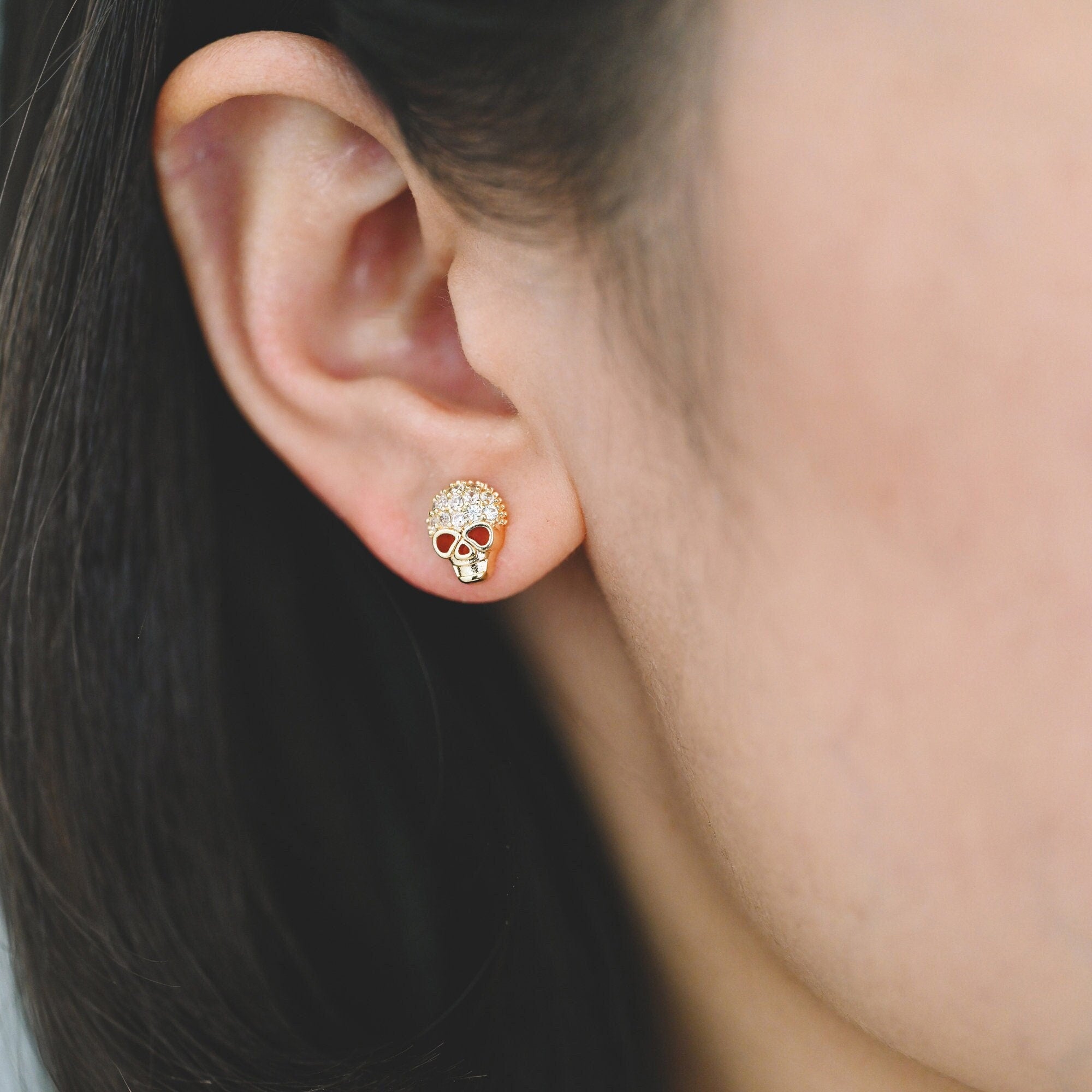 4pcs CZ Pave Gold Skull Earrings, Gold plated Brass, Dainty Stud Earrings (GB-4220)