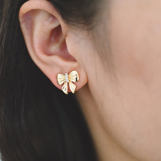 4pcs CZ Pave Gold Bowknot Earrings, 18K Real Gold plated Brass, Bow Knot Stud Earring (GB-4228)