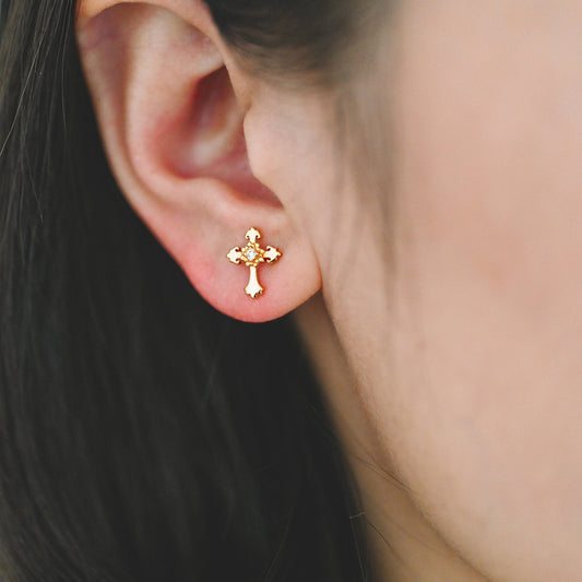 10pcs CZ Pave Gold Cross Earrings 11x9mm, Gold Plated Brass Small Cross Stud Earring (#GB-4232)