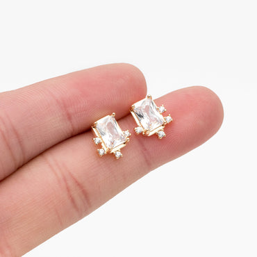 4pcs CZ Pave Rectangle Earrings, 11x10mm, Real Gold Plated Brass, Dainty Geometric Earring Studs (#GB-3633-G)