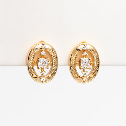 4pcs CZ Pave Gold Oval Earrings, Gold Plated Brass, Dainty Geometric Stud Earrings (#GB-4251)
