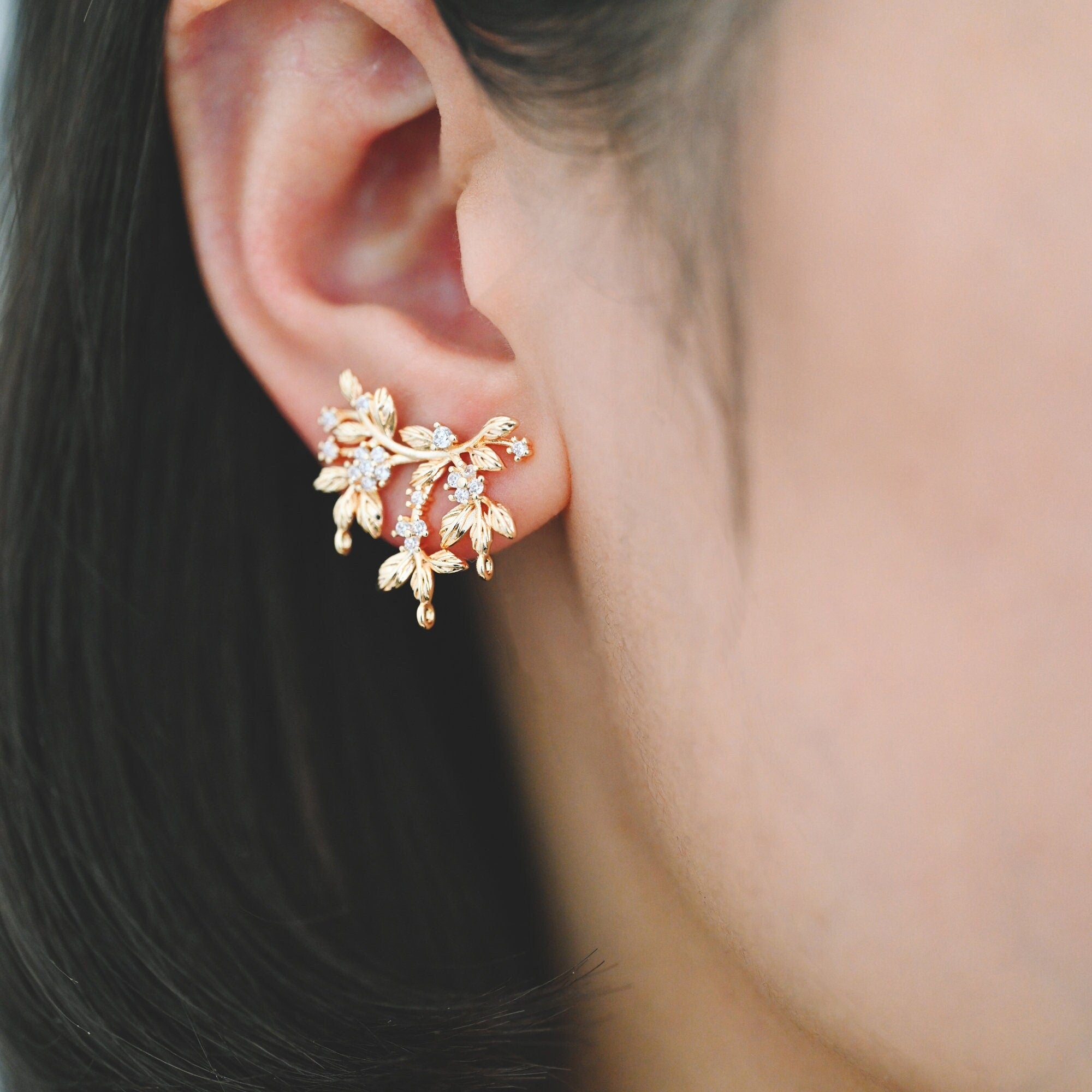 4pcs CZ Pave Flower Branch Stud Earring with 3 loops, Dainty Earrings, Dangle Earring Components (GB-3664)