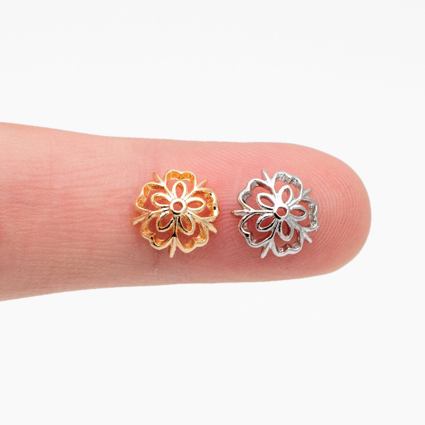 20pcs Gold/ Silver Floral Bead Caps 9mm, Fit 10-12mm Beads, Real Gold/ Rhodium plated Brass, Lead Nickel Free (GB-053)
