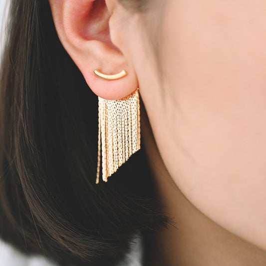 4pcs Gold Curved Bar Ear Post with Tassel Ear Back, 18K Gold plated Brass, Tassel Stud Earring, Dainty Dangling Earrings (GB-3763)